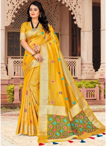 Yellow Embroidered Saree & Blouse In Tissue