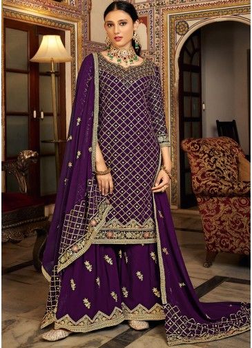 Purple Embroidered Chiffon Pakistani Gharara Suit