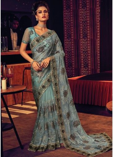 Blue Embroidered Saree & Blouse In Net