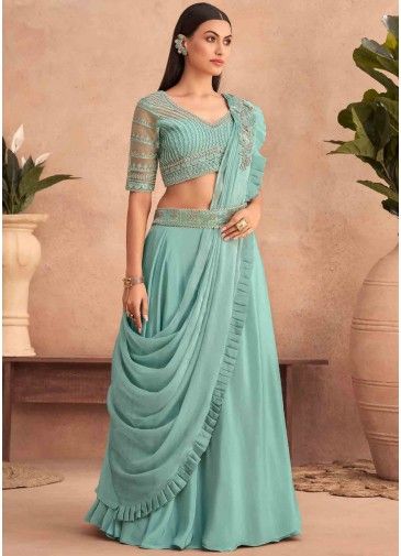 Blue Embroidered Saree In LEhenga Style
