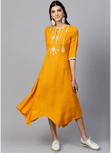 Yellow Readymade Asymmetric Rayon Dress