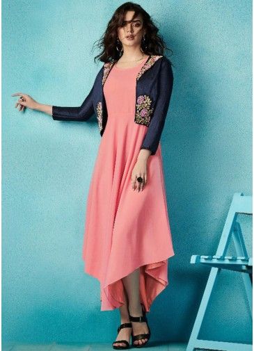 Pink Asymmetric Flared Dress With Jacket