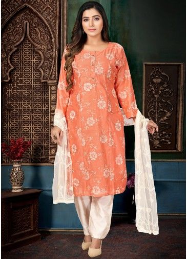 Peach Readymade Printed Pant Suit In Art Silk