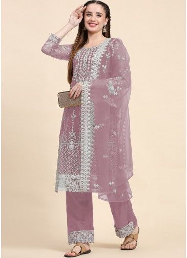 Mauve Pink Embroidered Pant Suit In Net