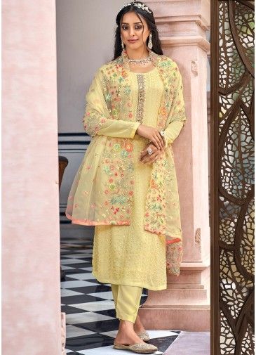 Yellow Embroidered Pant Suit In Georgette