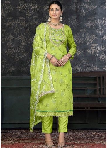Green Embroidered Pant Suit Set
