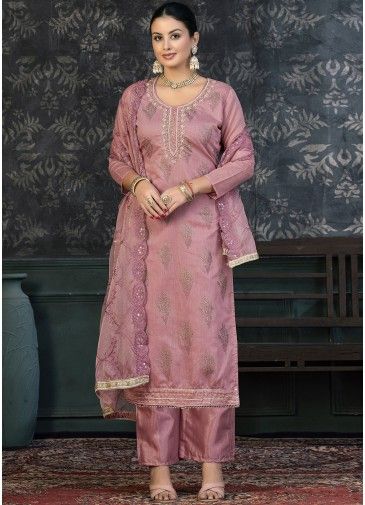 Purple Embroidered Suit Set In Art Silk