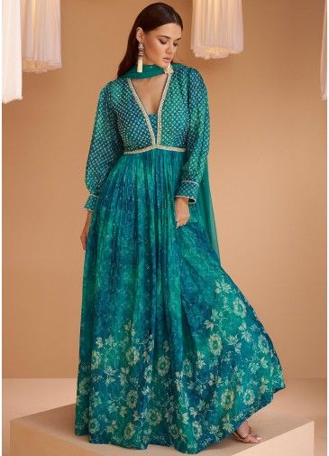 Shaded Blue Floral Printed Georgette Anarkali Suit