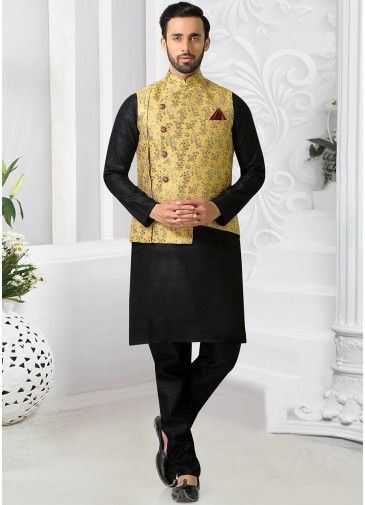 Yellow Floral Woven Asymmetric Nehru Jacket