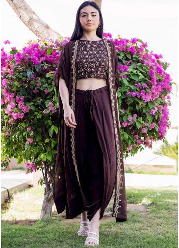 Brown Readymade Jacket Style Top With Dhoti Set