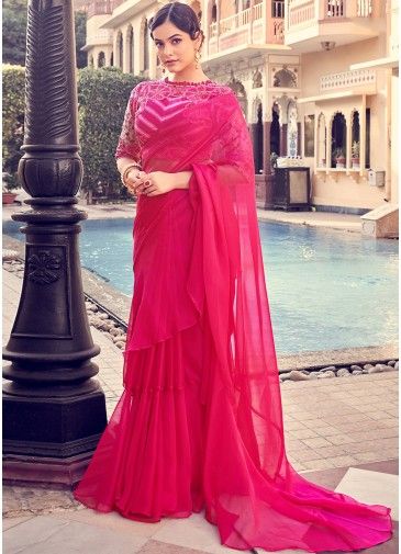 Pink Ruffled Saree & Embriodered Blouse