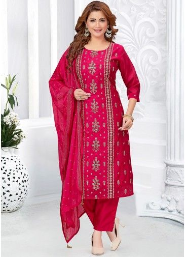 Pink Readymade Art Silk Embroidered Pant Suit