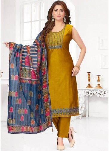 Yellow Readymade Embroidered Art Silk Pant Suit