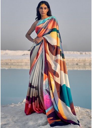 Multicolored Printed Saree In Satin