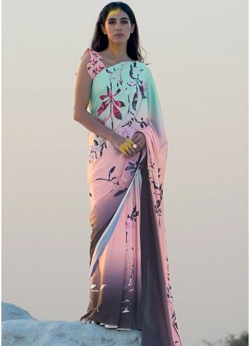 Multicolor Satin Saree In Floral Print