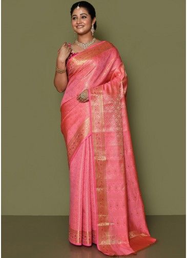 Pink Zari Woven Saree In Kanjivaram Silk
