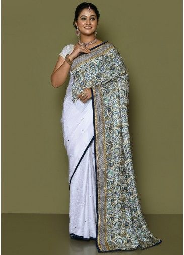 White Printed Pallu Saree In Art Silk