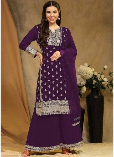 Purple Embroidered Georgette Palazzo Suit