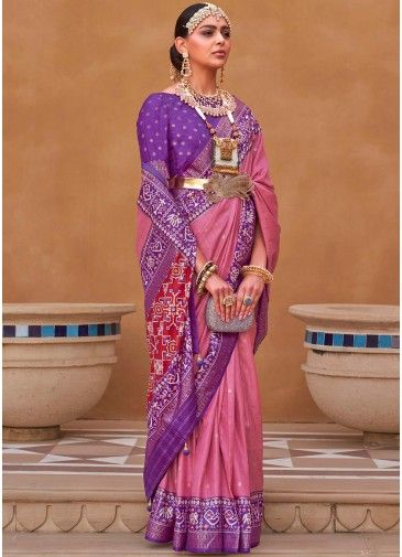 Pink Printed Silk Saree With Blouse