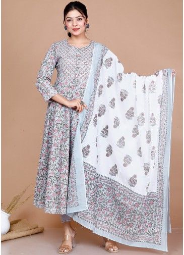 Blue Readymade Floral Print Anarkali Suit