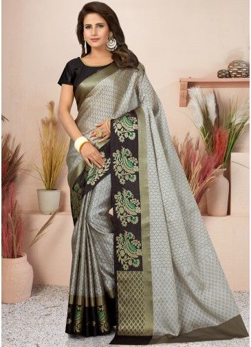 Grey Zari Woven Saree In Silk