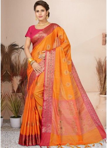 Orange Heavy Pallu Saree In Silk