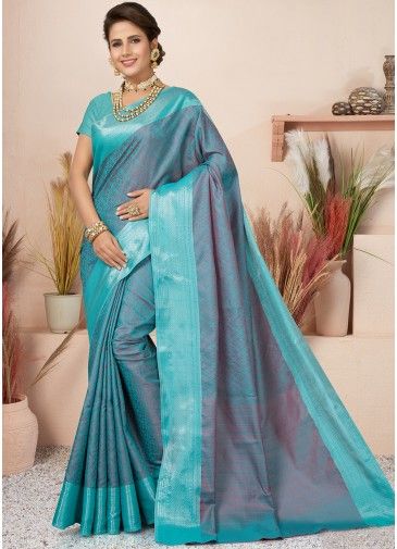 Blue Heavy Pallu Saree In Art Silk
