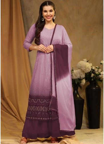 Purple Thread Embroidered Front Slit Gharara Suit In Georgette