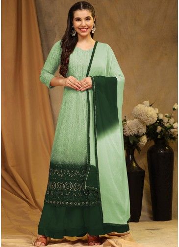Green Georgette Front Slit Gharara Suit In Thread Embroidery