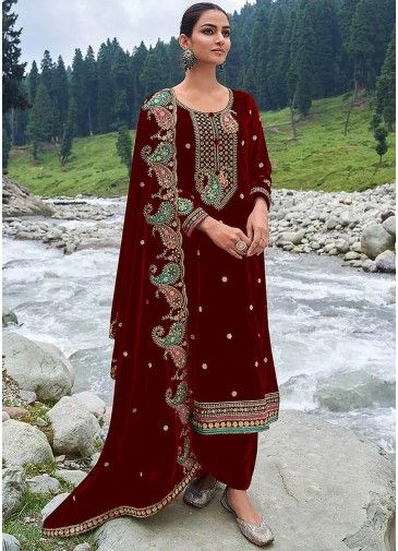 Maroon Embroidered Suit Set In Velvet