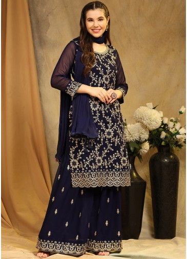 Navy Blue Embroidered Palazzo Suit In Georgette