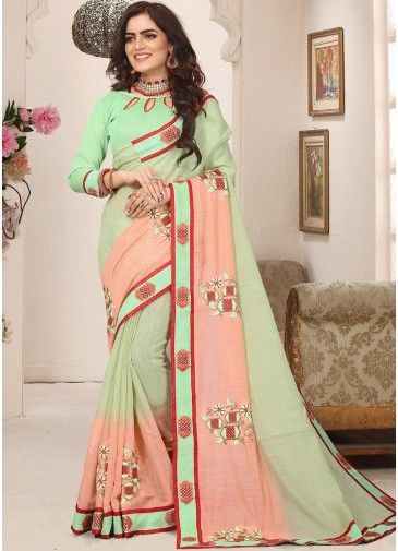 Green & Peach Shaded Embroidered Saree