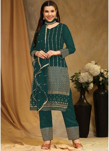 Green Sequins Embroidered Pant Suit Set
