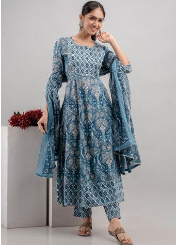 Blue Readymade  Digital Printed Cotton Pant Suit