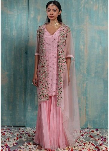 Readymade Pink Embroidered Jacket Style Sharara Set