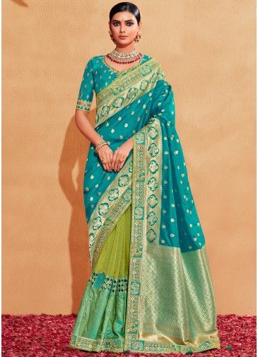 Green Half N Half Saree In Silk