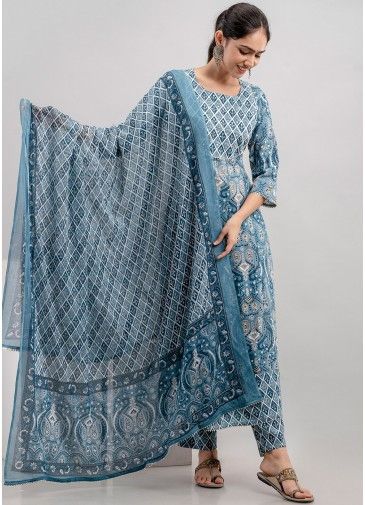Blue Readymade Cotton Anarkali Suit In Digital Print 