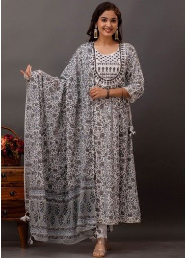 Grey Readymade Digital Printed Anarkali Suit In Cotton