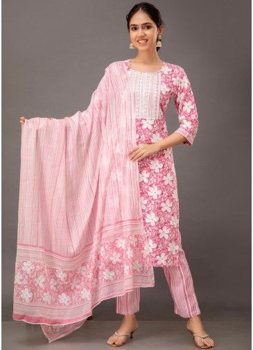Pink Floral Printed Suit Set In Cotton