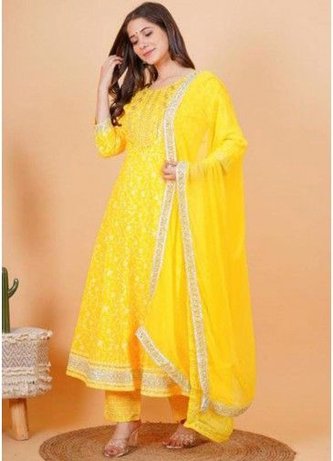 Yellow Printed Anarkali Suit Set In rayon