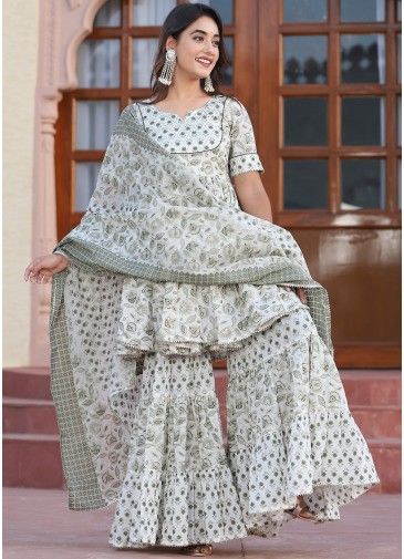 White Floral Printed Readymade Gharara Suit