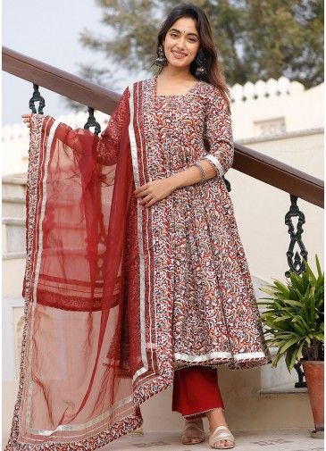 Maroon Floral Print Readymade Anarkali Suit Set
