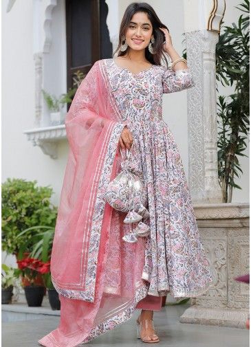 Readymade White Floral Print Anarkali Suit