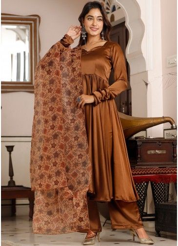 Readymade Brown Silk Anarkali Palazzo Suit