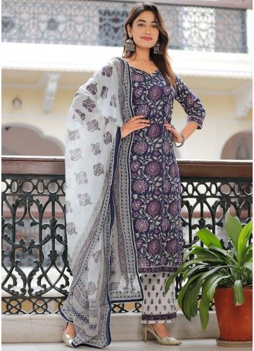 Navy Blue Floral Print Readymade Palazzo Suit