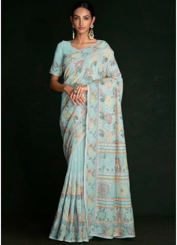 Turquoise Chikankari Thread Embroidered Saree