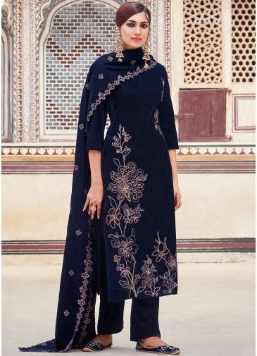 Blue Thread Embroidered Pant Suit In Velvet