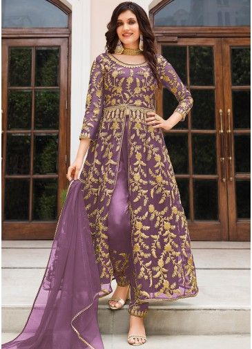 Purple Sequins Embroidered Slit Style Anarkali Suit Set