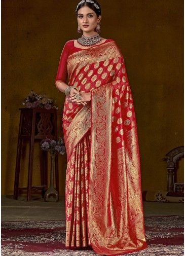 Red Woven Border Saree With Blouse