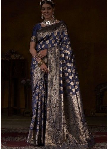 Navy Blue Woven Saree With Blouse